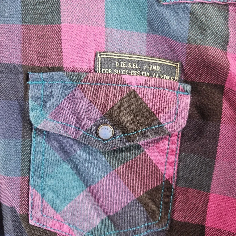 Diesel Co Mens Plaid Western Snap Button Down Shirt Purple Blue Black Small S‎